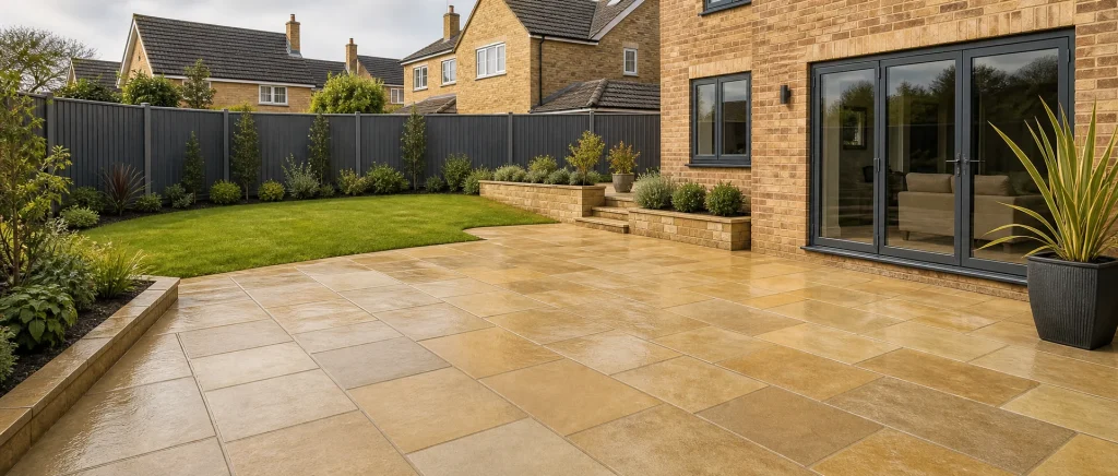 Finished Indian stone patio with neat edging and clean joints