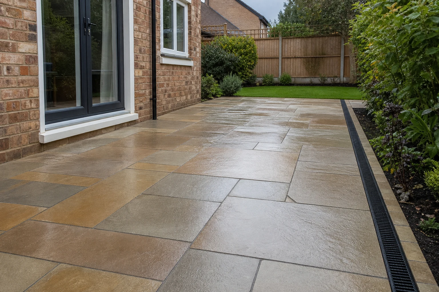 Indian stone patio with neat drainage and no standing water
