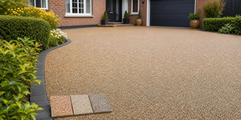 Resin driveway colour samples viewed beside a finished driveway.