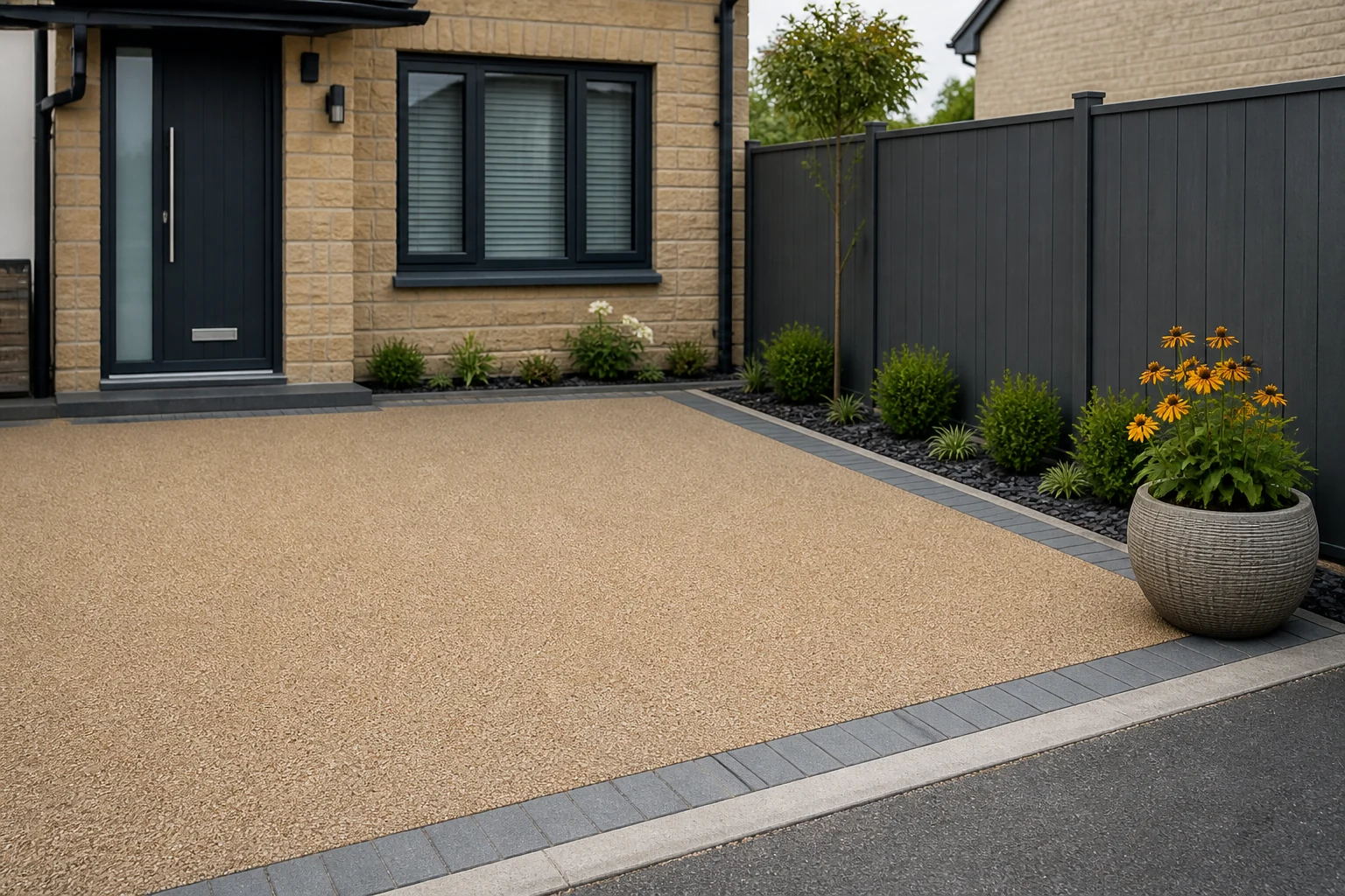 Resin driveway colour seen beside paving edging and fencing.