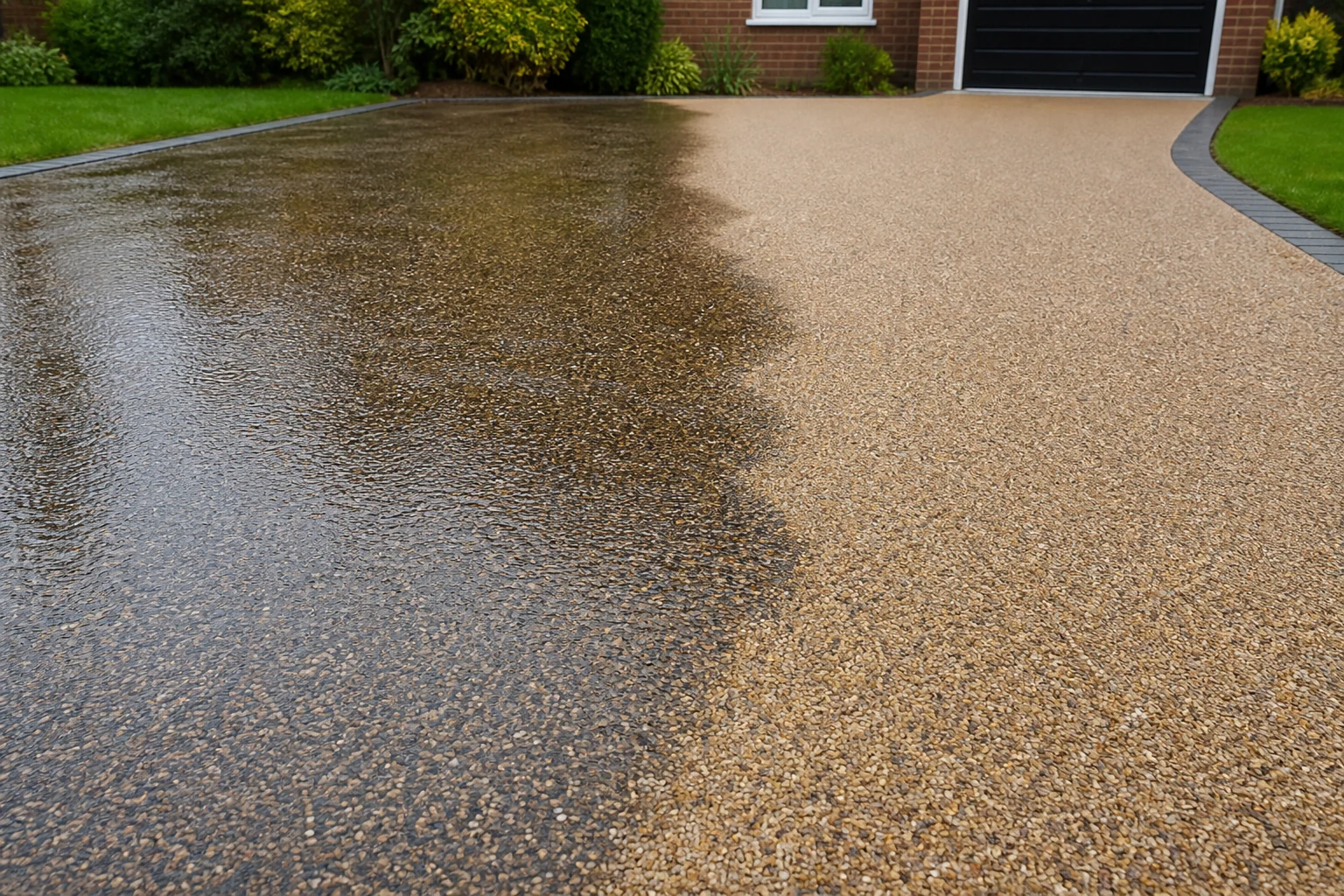 Wet and dry areas of a resin driveway showing different colour tones.